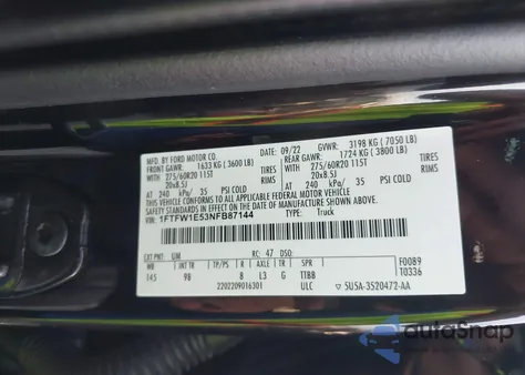 2022 Ford F-150 Platinum z USA, uszkodzony, nr VIN 1FTFW1E53NFB87144